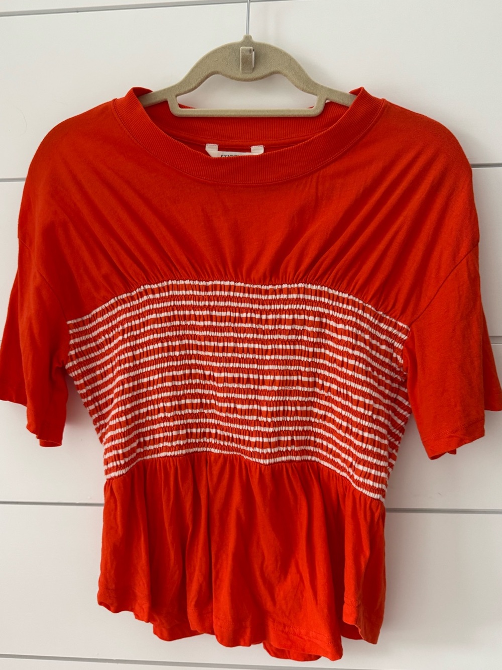 Anthropologie Maeve Orange Short-Sleeve Smocked Peplum Tee with White Stripes